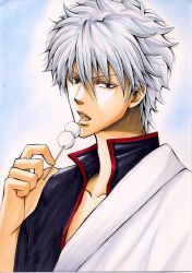Rule 34 | 1boy, black shirt, commentary request, dango, food, gintama, hair between eyes, high collar, holding, holding food, japanese clothes, kimono, looking at viewer, male focus, marker (medium), nochiko, open mouth, sakata gintoki, shirt, solo, traditional media, upper body, wagashi, white hair, white kimono