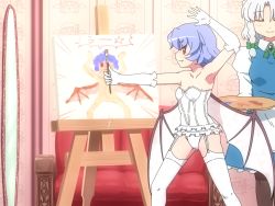 Rule 34 | 2girls, alternate costume, anime coloring, apron, arm up, armpits, art brush, bare shoulders, bat wings, black legwear, blue dress, blue hair, blush, bow, braid, breasts, brooch, bustier, canvas (object), child&#039;s drawing, collarbone, commentary request, couch, dress, easel, closed eyes, fang, feet out of frame, garter straps, gloves, green bow, hair bow, holding, holding paintbrush, indoors, izayoi sakuya, jewelry, juliet sleeves, long sleeves, looking at mirror, maid, maid apron, maid headdress, medium breasts, mirror, multiple girls, no headwear, no headwear, paintbrush, painting (action), painting (object), palette (object), pantyhose, petticoat, profile, puffy sleeves, red eyes, remilia scarlet, revision, shirosato, short hair, silver hair, small breasts, smile, standing, strapless, thighhighs, thighs, touhou, uu~, waist apron, white apron, white gloves, white legwear, wing collar, wings, yukkuri shiteitte ne
