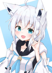 Rule 34 | 1girl, ahoge, animal ear fluff, animal ears, arm up, blue neckerchief, blush, braid, breasts, collarbone, commentary request, detached sleeves, earrings, extra ears, fang, fox ears, fox girl, fox shadow puppet, green eyes, hair between eyes, highres, hololive, hood, hoodie, jewelry, kagami (kaga31), long hair, looking at viewer, neckerchief, open mouth, shirakami fubuki, shirakami fubuki (1st costume), sidelocks, simple background, single braid, skin fang, small breasts, solo, virtual youtuber, white hair, white hoodie