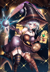 Rule 34 | 1girl, absurdres, alternate costume, aonori00, blue eyes, breasts, cleavage, halloween, hat, highres, holding, large breasts, merlin prismriver, open mouth, short hair, solo, thighhighs, touhou, wand, witch, witch hat