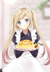 Rule 34 | 1girl, apron, black dress, blurry, blurry background, blush, brown hair, closed mouth, commentary, depth of field, dress, food, hachimitsu honey, head tilt, heart, highres, holding, holding tray, juliet sleeves, long sleeves, maid, maid apron, maid headdress, omelet, omurice, original, puffy sleeves, purple eyes, sidelocks, smile, solo, symbol-only commentary, tray, twintails, white apron