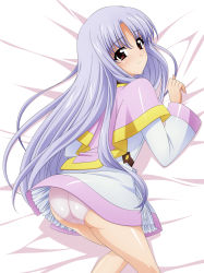 Rule 34 | 1girl, ass, azmaria hendric, capelet, chrno crusade, clothes lift, content rating, dress, dress lift, from behind, from side, highres, indoors, kadokawa shoten, long hair, looking back, lying, on stomach, panties, pantyshot, parted bangs, pink capelet, pink panties, purple hair, red eyes, skindentation, smile, solo, sugimura tomokazu, thighs, underwear, very long hair