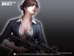 Rule 34 | 1girl, breasts, counter strike, earrings, female focus, formal, glasses, gradient background, grey background, gun, jewelry, solo, standing, suit, tattoo, upper body, watch, weapon