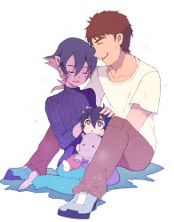 Rule 34 | 1girl, 2boys, aged down, black hair, brown hair, child, colored skin, closed eyes, facial mark, family, grey eyes, hand on another&#039;s head, hyakujuu-ou golion, keith&#039;s father (voltron), keith (voltron), krolia, miyata (lhr), multiple boys, open mouth, pointy ears, purple hair, purple skin, ribbed sweater, sitting, smile, spoilers, stuffed animal, stuffed hippopotamus, stuffed toy, sweater, turtleneck, turtleneck sweater, voltron: legendary defender, voltron (series)