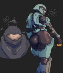 Rule 34 | 1boy, 1girl, absurdres, armor, ass, black bodysuit, bloopy boi, bodysuit, catherine-b320, commentary, covered face, english commentary, english text, from behind, halo: reach, halo (series), helmet, highres, holding, mechanical arms, nodding, power armor, prosthesis, prosthetic arm, single mechanical arm, skin tight, solo focus, spartan-b312, speech bubble, wide hips