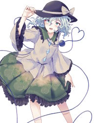 Rule 34 | 1girl, arm up, black hat, bow, collar, collared shirt, crystal, eyes visible through hair, frills, green eyes, green hair, green skirt, hair between eyes, hand on headwear, hand up, hat, hat bow, highres, jewelry, komeiji koishi, long sleeves, looking to the side, open mouth, shirt, simple background, skirt, smile, solo, standing, third eye, touhou, uranaishi (miraura), wavy hair, white background, wide sleeves, yellow bow, yellow shirt, yellow sleeves