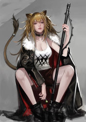 Rule 34 | 1girl, animal ears, arknights, bare shoulders, black coat, blonde hair, breasts, candy, cat ears, cat tail, cleavage, coat, collarbone, food, frostce, fur-trimmed coat, fur-trimmed jacket, fur trim, hair between eyes, highres, holding, holding food, holding staff, jacket, large breasts, lion ears, lion tail, lollipop, long hair, looking at viewer, shorts, siege (arknights), sitting, solo, staff, tail, tank top, white tank top, yellow eyes