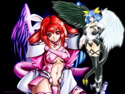 Rule 34 | 2girls, alternate color, arc system works, asymmetrical wings, blue hair, boots, bow, breasts, choker, dizzy (guilty gear), guilty gear, hair ribbon, huge breasts, large breasts, long hair, multiple girls, red eyes, red hair, ribbon, tail, tail ornament, tail ribbon, thighhighs, wallpaper, wings