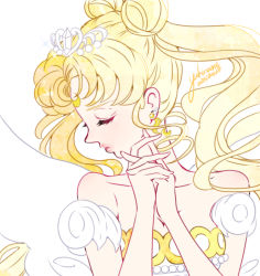 Rule 34 | 10s, 1girl, 2015, bare shoulders, bishoujo senshi sailor moon, blonde hair, collarbone, crescent, crescent facial mark, crown, dated, double bun, earrings, closed eyes, facial mark, forehead mark, jewelry, lipstick, long hair, makeup, neo queen serenity, own hands clasped, own hands together, pink lips, profile, signature, solo, tsukino usagi, twintails, upper body, white background, yukinami (paru26i)