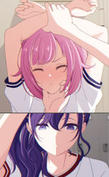 Rule 34 | 2girls, arimon (dfrgty12), arms up, asahina mafuyu, closed eyes, closed mouth, female pov, grabbing another&#039;s chin, hand on another&#039;s chin, highres, multiple girls, ootori emu, pink hair, pinned, pov, project sekai, purple eyes, purple hair, restrained, sweatdrop, yuri