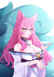 Rule 34 | 1girl, :o, absurdres, ahri (league of legends), animal ears, bare shoulders, bow, bowtie, breasts, cleavage, facial mark, fox ears, fox tail, green bow, green bowtie, green tail, hair between eyes, hand up, highres, holding, japanese clothes, jimmytwo1019, kimono, kyuubi, large breasts, league of legends, long hair, long sleeves, multiple tails, off shoulder, pink hair, solo, spirit blossom ahri, tail, upper body, whisker markings, white kimono, wide sleeves