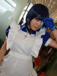 Rule 34 | 1girl, apron, asian, blue eyes, blue gloves, blue hair, collar, color contacts, contrapposto, cosplay, cross, dutch angle, eyepatch, gloves, ikkitousen, indoors, japanese (nationality), looking at viewer, maid, maid apron, namada, photo (medium), puffy short sleeves, puffy sleeves, reflection, ryomou shimei, ryomou shimei (cosplay), short sleeves, solo, standing