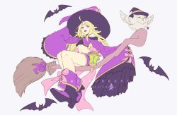 Rule 34 | 1girl, bat (animal), bird, blonde hair, bow, broom, broom riding, circlet, feh (fire emblem heroes), fire emblem, fire emblem awakening, fire emblem heroes, halloween costume, hat, high heels, highres, lantern, long hair, long sleeves, midriff, nintendo, nowi (fire emblem), open mouth, owl, pink bow, pointy ears, purple eyes, short shorts, shorts, simple background, sleeves past fingers, sleeves past wrists, twitter username, white background, witch hat, zedoraart