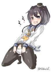 Rule 34 | 10s, 1girl, anchor, bad id, bad twitter id, black eyes, black hair, black pantyhose, chain, dress, drooling, ebifurya, eyebrows, full body, heart, heart-shaped pupils, highres, inactive account, kantai collection, kneeling, leaning back, long sleeves, neckerchief, no shoes, open mouth, panties, pantyhose, sailor dress, saliva, short hair with long locks, simple background, solo, spoken heart, symbol-shaped pupils, tearing clothes, thick eyebrows, tokitsukaze (kancolle), torn clothes, torn pantyhose, twitter username, underwear, white background, white panties