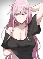 Rule 34 | 1girl, absurdres, arm under breasts, arm up, black shirt, breasts, cleavage, closed mouth, collarbone, hand under clothes, hand under shirt, highres, hololive, hololive english, large breasts, light frown, long hair, mori calliope, pink eyes, pink hair, sak1 01, shirt, simple background, single bare shoulder, solo, v-shaped eyebrows, very long hair, virtual youtuber, white background