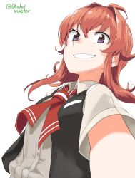 Rule 34 | 1girl, absurdres, ahoge, arashi (kancolle), black eyes, black vest, commentary request, dress shirt, grin, highres, kantai collection, medium hair, messy hair, neckerchief, one-hour drawing challenge, red hair, red neckerchief, roppako, shirt, simple background, smile, solo, twitter username, upper body, vest, white background, white shirt