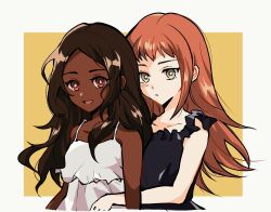 Rule 34 | 2girls, arm around waist, bare shoulders, black nightgown, brown hair, dark-skinned female, dark skin, fire emblem, fire emblem engage, highres, long hair, looking at viewer, multiple girls, nightgown, nintendo, oda32t, open mouth, orange hair, panette (fire emblem), red eyes, star-shaped pupils, star (symbol), symbol-shaped pupils, timerra (fire emblem), upper body, white nightgown, yellow eyes, yuri