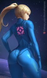 Rule 34 | 1girl, arm at side, ass, blonde hair, blue bodysuit, blue eyes, bodysuit, closed mouth, cowboy shot, from behind, hand on own hip, long hair, looking at viewer, looking back, meekohopanes, metroid, nintendo, patreon username, ponytail, samus aran, skin tight, smile, solo, space, tight clothes, watermark, web address, zero suit
