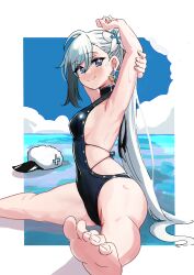 1girl absurdres arm_up armpits azur_lane backless_swimsuit barefoot black_one-piece_swimsuit blue_eyes blue_sky blush border breasts closed_mouth cloud cloudy_sky commission earrings ereka foreshortening from_side halterneck hat highres jewelry long_hair medium_breasts minsk_(azur_lane) multicolored_hair one-piece_swimsuit pixiv_commission ponytail presenting_armpit sitting sky smile solo split spread_legs streaked_hair stretching swimsuit toes unworn_hat unworn_headwear very_long_hair water white_border white_hair