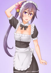 Rule 34 | 1girl, akebono (kancolle), alternate costume, anti (untea9), apron, bell, black bow, black bowtie, black dress, bow, bowtie, commentary request, detached collar, dress, enmaided, flower, frilled apron, frills, gradient background, hair bell, hair flower, hair ornament, highres, jingle bell, kantai collection, long hair, looking at viewer, maid, maid headdress, open mouth, purple background, purple eyes, purple hair, side ponytail, solo, very long hair, white apron