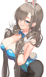Rule 34 | 1girl, :d, animal ears, aqua eyes, asuna (blue archive), asuna (bunny) (blue archive), black pantyhose, blue archive, blue bow, blue bowtie, blue leotard, bow, bowtie, breasts, cleavage, detached collar, double v, fake animal ears, grey hair, grin, highres, holding, holding hair, icenight, large breasts, leotard, looking at viewer, open mouth, pantyhose, playboy bunny, rabbit ears, rabbit tail, simple background, smile, solo, tail, v, white background
