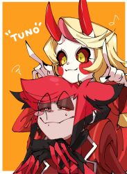 Rule 34 | 1boy, 1girl, alastor (hazbin hotel), black hair, blonde hair, charlie morningstar, colored sclera, commentary, english commentary, english text, formal, hand rest, hazbin hotel, head rest, highres, honeko 06, long hair, monochrome, multicolored hair, red eyes, red hair, red sclera, short hair, simple background, smile, suit, upper body, yellow background, yellow sclera