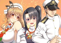 Rule 34 | 1boy, 2girls, :d, absurdres, admiral (kancolle), asymmetrical bangs, black hair, breasts, brown eyes, brown hair, commentary request, commission, detached sleeves, gekato, gloves, green necktie, highres, jacket, kantai collection, large breasts, littorio (kancolle), locked arms, long hair, long sleeves, looking at viewer, medal, military, military jacket, military uniform, multiple girls, nachi (kancolle), necktie, open mouth, orange background, pixiv commission, purple jacket, red necktie, shirt, short hair, side ponytail, simple background, sleeveless, sleeveless shirt, smile, two-tone necktie, uniform, white gloves, white headwear, white jacket, white shirt, white sleeves