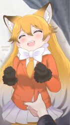 Rule 34 | 1girl, animal ears, belly grab, black gloves, blonde hair, blush, bow, bowtie, extra ears, ezo red fox (kemono friends), fang, fox ears, fur trim, gloves, grey hair, hair between eyes, highres, jacket, kemono friends, long hair, long sleeves, midriff, multicolored hair, open mouth, pantyhose, petting, photo-referenced, skirt, smile, travellerll