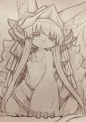 Rule 34 | 1other, :p, animal ears, body fur, furry, hat, highres, horns, kneeling, looking at viewer, made in abyss, mitsuba-sama (milkba-ng), monochrome, nanachi (made in abyss), short hair, sketch, solo, tongue, tongue out, whiskers