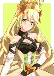 Rule 34 | 1girl, absurdres, blonde hair, butterfly hair ornament, celine (fire emblem), clothing cutout, crown, fire emblem, fire emblem engage, green eyes, hair ornament, highres, light smile, long hair, looking at viewer, nintendo, ribbon, solo, strap, to (tototo tk), upper body, very long hair, wavy hair