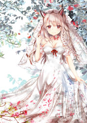 Rule 34 | 1girl, animal ears, azur lane, bare shoulders, blush, braid, branch, breasts, bridal veil, cleavage, closed mouth, collarbone, commentary request, detached sleeves, dress, floral print, flower, hair between eyes, hand up, highres, large breasts, light brown hair, long hair, looking at viewer, mutang, print dress, puffy short sleeves, puffy sleeves, red eyes, red flower, red ribbon, ribbon, short sleeves, side braid, single braid, skirt hold, smile, solo, strapless, strapless dress, thick eyebrows, unmoving pattern, veil, very long hair, white background, white dress, white flower, wolf ears, yuudachi (azur lane)