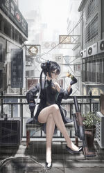 Rule 34 | 1girl, absurdres, banknote, black dress, black footwear, black gloves, black hair, black jacket, blue archive, breasts, burning, butterfly hair ornament, china dress, chinese clothes, cigarette, city, crossed legs, cs/ls06, di le to, dragon print, dress, gloves, grey eyes, gun, hair bun, hair ornament, halo, high heels, highres, holding, holding money, jacket, kisaki (blue archive), long hair, looking at viewer, money, off shoulder, pinstripe jacket, pinstripe pattern, print dress, puddle, rain, sitting, small breasts, smoking, solo, striped, twintails, weapon