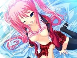 Rule 34 | 1girl, blue eyes, blush, bra, bra lift, breasts, breasts out, fingering, game cg, hair ribbon, happy, jacket, long hair, male hand, nipples, no shoes, one eye closed, open clothes, open jacket, open mouth, pink hair, pleated skirt, pov, ribbon, school uniform, seiza, sitting, skirt, solo focus, stella exes codex ~tasogare no himekishi~, thighhighs, twintails, underwear, wince, zettai ryouiki