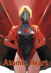 Rule 34 | 1girl, arms behind back, atomic heart, blonde hair, breasts, cfkaze, competition swimsuit, covered navel, elbow gloves, gloves, helmet, highleg, highleg swimsuit, jacket, leotard, mask, mecha musume, medium breasts, one-piece swimsuit, red gloves, red jacket, short hair, solo, star (symbol), stomach, swimsuit, thighs