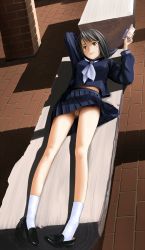 Rule 34 | 1girl, bench, book, brown hair, cleft of venus, dutch angle, feet, flower, from above, full body, green eyes, hair flower, hair ornament, highres, hitori (htr t), loafers, lying, no panties, on back, original, pussy, school uniform, serafuku, shoe dangle, shoes, short hair, skirt, socks, solo, uncensored, upskirt