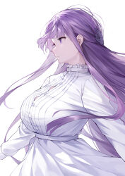Rule 34 | 1girl, artist request, closed mouth, female focus, fern (sousou no frieren), highres, long hair, looking afar, matching hair/eyes, purple eyes, purple hair, simple background, solo, sousou no frieren, standing, white background