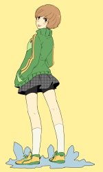 Rule 34 | 1girl, :p, ai-wa, atlus, brown eyes, brown hair, hands in pockets, jacket, kneehighs, looking back, megami tensei, persona, persona 4, satonaka chie, shin megami tensei, shorts, shorts under skirt, skirt, socks, solo, tongue, tongue out, track jacket, white socks, yellow background