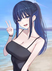 1girl :d absurdres aoi_riko beach black_hair blue_archive blue_eyes blue_hair blue_halo blue_sky blush breasts cleavage collarbone day halo highres large_breasts long_hair looking_at_viewer multicolored_hair ocean open_mouth outdoors ponytail saori_(blue_archive) sky smile solo teeth two-tone_hair upper_body v