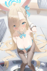 Rule 34 | 1girl, absurdres, animal ears, applepie (12711019), asuna (blue archive), asuna (bunny) (blue archive), bare shoulders, blue archive, blue eyes, blue leotard, blush, breasts, brown pantyhose, cleavage, detached collar, elbow gloves, fake animal ears, gloves, grin, hair over one eye, halo, highleg, highleg leotard, highres, large breasts, leotard, light brown hair, long hair, looking at viewer, mole, mole on breast, pantyhose, playboy bunny, rabbit ears, sitting, smile, solo, thighband pantyhose, thighs, very long hair, white gloves