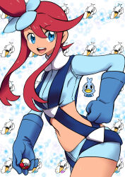 Rule 34 | 1girl, :d, batchgooya, belt, blue belt, blue eyes, blue gloves, blue jacket, blue shorts, breasts, commentary request, commission, cowboy shot, creatures (company), cropped jacket, dark-skinned female, dark skin, ducklett, elbow gloves, game freak, gen 5 pokemon, gloves, hair between eyes, hair ornament, hand on own hip, harness, highres, holding, holding poke ball, jacket, looking at viewer, medium breasts, midriff, navel, nintendo, one side up, open mouth, pixiv commission, poke ball, pokemon, pokemon (creature), pokemon bw, red hair, short hair with long locks, short shorts, shorts, sidelocks, skyla (pokemon), smile, standing, swanna, teeth, turtleneck, upper teeth only