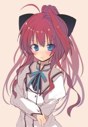 Rule 34 | 1girl, :/, ahoge, black ribbon, blue eyes, blush, commentary request, crossed arms, frown, hair between eyes, inui sana, juliet sleeves, long hair, long sleeves, looking at viewer, mashiroiro symphony, nagesuteaka, neck ribbon, ponytail, puffy sleeves, red hair, ribbon, school uniform, shirt, sidelocks, single hair intake, solo, upper body, v-shaped eyebrows, very long hair, white background, white shirt, yellow background