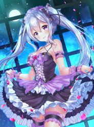 Rule 34 | 1girl, :d, aoba chise, aoba project, arm garter, bare shoulders, black bow, black choker, black nails, black ribbon, blush, bow, breasts, bridal garter, choker, cleavage, collarbone, corset, cowboy shot, cross-laced clothes, flower, frilled cuffs, full moon, glint, hair between eyes, hair bow, hair ribbon, head tilt, headdress, highres, indoors, lace trim, layered skirt, light particles, long hair, looking at viewer, maid, medium breasts, miniskirt, moon, nail polish, night, night sky, open mouth, petals, pink flower, purple bow, purple eyes, purple skirt, ribbon, rose, sakura moyon, sidelocks, silver hair, skirt, skirt hold, sky, smile, solo, spaghetti strap, standing, twintails, window, wrist cuffs