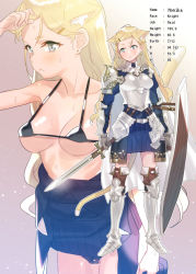 Rule 34 | 1girl, animal ears, armor, armpits, bikini, black bikini, blonde hair, blue eyes, blush, boots, breasts, cleavage, commentary request, gauntlets, green eyes, hair ornament, hairclip, holding, long hair, multiple views, original, pauldrons, shield, shoulder armor, skirt, subachi, sweat, swimsuit, thigh boots, thighhighs
