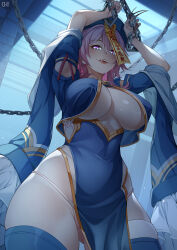Rule 34 | 1girl, absurdres, armpit cutout, armpits, arms up, artist name, blue eyes, blue hat, blue sleeves, blue thighhighs, bodice, breasts, chain, chinese clothes, chinese commentary, clothing cutout, commentary request, cowboy shot, d. joko, fangs, fingernails, from below, gluteal fold, gradient eyes, hair between eyes, hat, highres, honkai: star rail, honkai (series), indoors, jiangshi, jiangshi costume, large breasts, light particles, light rays, long fingernails, looking at viewer, march 7th (honkai: star rail), medium hair, multicolored eyes, ofuda, ofuda on head, open mouth, panties, pelvic curtain, pink eyes, pink hair, prison, qingdai guanmao, red nails, sharp fingernails, shrug (clothing), sidelocks, signature, skindentation, solo, standing, sweat, thighhighs, two-tone eyes, underboob, underwear, white panties, wide sleeves