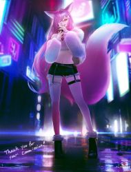 Rule 34 | 1girl, animal ears, anna (drw01), bell, black shorts, boots, building, city, collar, commission, commissioner upload, full body, hair ornament, headlight, highres, koinu emiko, long hair, looking at viewer, midriff, nail polish, night, off shoulder, original, parted lips, pink eyes, pink hair, pink nails, puddle, scenery, shorts, smile, solo, standing, tail, thigh strap, thighhighs, wolf ears, wolf girl, wolf tail