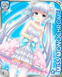 Rule 34 | 1girl, :o, blue background, blue bow, blue eyes, blunt bangs, bow, card, character name, dress, evening gown, girlfriend (kari), hair bow, miss monochrome, miss monochrome (character), official art, open mouth, qp:flapper, solo, tagme, twintails, white dress, white footwear, white hair