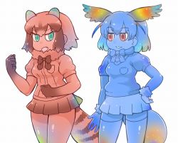 Rule 34 | 10s, 2girls, animal ears, blue gloves, blue hair, blue shirt, blue skin, blue skirt, blue theme, blue thighhighs, bow, bowtie, colored skin, common raccoon (kemono friends), elbow gloves, fang, fennec (kemono friends), fox tail, fur collar, fur trim, fusion, gloves, green eyes, head wings, japanese crested ibis (kemono friends), kemono friends, multiple girls, pantyhose, pleated skirt, puffy short sleeves, puffy sleeves, raccoon ears, raccoon tail, red eyes, red gloves, red shirt, red skirt, red theme, shirt, short hair, short sleeves, simple background, skirt, smile, standing, tail, tanaka kusao, thighhighs, v-shaped eyebrows, white background, wings