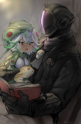 Rule 34 | :d, ascot, black coat, black gloves, black scarf, blush, bondrewd, book, chair, coat, commentary request, covered face, creature, from side, gloves, green hair, hat, helmet, highres, long sleeves, made in abyss, meinya (made in abyss), multicolored hair, open mouth, prushka, red eyes, scarf, short hair, sitting, smile, streaked hair, suurin (ksyaro), twitter username, whistle, white hair, white legwear