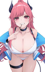 Rule 34 | 1girl, bikini, black choker, blush, breasts, choker, cleavage, collarbone, demon horns, food, food in mouth, groin, highres, horns, jacket, jacket partially removed, large breasts, leaning forward, long hair, looking at viewer, mole, mole under eye, navel, orange hair, original, pocky, pocky in mouth, ponytail, simple background, smile, soar sora222, solo, swimsuit, thigh gap, thigh strap, thighhighs, two-sided fabric, two-sided jacket, very long hair, white background, white bikini