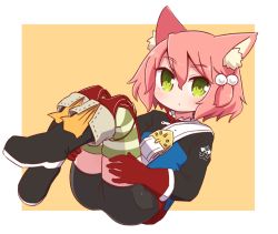 Rule 34 | 1girl, 7th dragon, 7th dragon (series), animal ear fluff, animal ears, belt, belt buckle, bike shorts, black footwear, black shorts, blue jacket, blush, boots, brown background, buckle, cat ears, closed mouth, commentary request, fighter (7th dragon), full body, gloves, green eyes, green thighhighs, hair between eyes, hair bobbles, hair ornament, harukara (7th dragon), highres, jacket, knees up, long sleeves, naga u, one side up, pink hair, red gloves, revision, short shorts, shorts, solo, striped clothes, striped thighhighs, thighhighs, thighhighs under boots, two-tone background, white background, white belt
